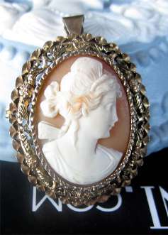 Psyche - Lover of Eros. Carnelian Shell. Nice Italian Vermeil bezel Marked “ITALY” & “Sterling”. Museum Quality circa 1915