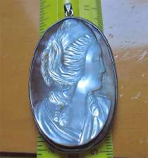 Museum Quality carved/signed Light on Dark Mother Pearl 1792 Marie-Antoinette Queen Silver Pendant (new loop).