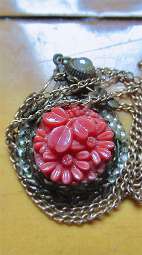 Embedded hand carved red coral flower from 1920th Silver/pearls pendant with 17” 925 sterling chain.