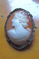 Hand carved/signed left faced girl - shell circa 1920th-1930th. Hallmarked Silver Pendant/Brooch w/marcasite from Italy.