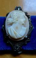 Hand carved Coral stone Ceres goddess in velvet choke. All original 11.7” Marked Sterling w/marcasite/patina decor circa 1900th - 1910th