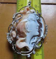 Modern Museum Quality hand carved 3-D Shell from Torre Del Greco 925 Sterling Italian pendant w/Diamonds(?)/Rhinestones.