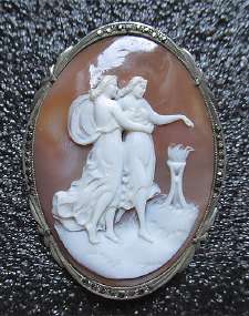 2 Vestals - Roman Goddess of Home & Family carved Sardonyx shell Museum Quality Pendant & Brooch w/marcasite, circa 1930