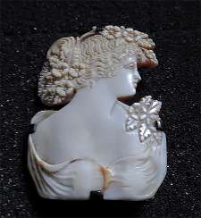 Art Nouveau Bacchante big Brooch Cameo circa 1910th. Museum hand carved/traced shell in darkened Silver cross pin.