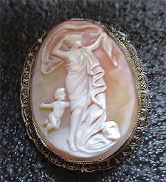 Museum carved & signed Shell - symbol of Matherhood, Big 800 Silver/Gold filigree Brooch circa 1925