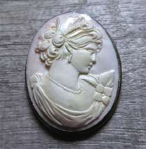 Post Edwardian Best Quality Silver/Gold 1930th Brooch/Pendant. Huge hand carved/signed by Artist White Coral Stone.