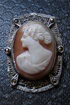 Well hand carved/signed shell from the 1910th - 1925th Unmarked Silver filigree Art Deco brooch w/diamonds(?).