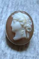 Hand carved/signed Sardonyx shell left faced goddess. Circa 1870th - 1890th small Victorian Silver Brooch.