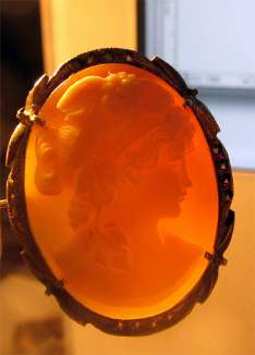 Bacchante a priestess of Bacchus. Shell Cameo Brooch/Pendant Marquisette Bezel 800 Silver. Circa 1925