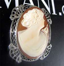 Nice carved Carnelian Shell signed by Artist Cameo Beauty in Filigree Silver Bezel Brooch. Circa 1930